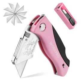 WORKPRO Folding Utility Knife Quick Change Box Cutter Pink Razor Knife 15 Blades
