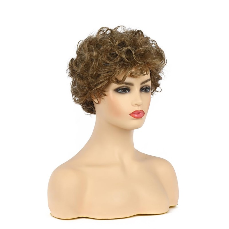 Womens Blonde Brown Short Fluffy Curly Wig for Daily Party