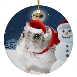 Festive Winter Night Pet and Snowman Ornament - Russian Dwarf Hamster Christmas Ornament Circle Ceramic - Funny Holiday Xmas Tree Decoration Gifts for Hamster Lovers