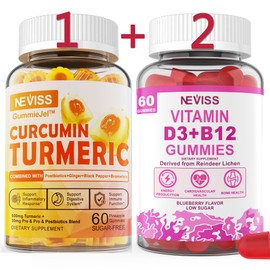 NEVISS 3 Pack Turmeric Curcumin + Vitamin D3 & B12 Gummies, Vegan
