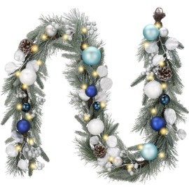 Valery Madelyn 6 Ft Pre-Lit Christmas Garland with Lights for Mantle, Lighted Outdoor Xmas Garland with Silvery Blue Balls Norfolk Pine for Home Stairs Fireplace Table Centerpiece Indoor Holiday Decor