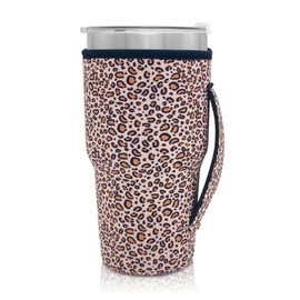 Reusable Iced Coffee Cup Sleeve Neoprene Insulated Sleeves Cup Holder with handle Idea for 30oz - 32oz Tumbler Cups, protein shake bottles (Only Cup Sleeves) (Mini Leopard)