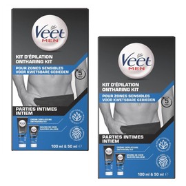 VEET FOR MEN Hair Removal Kit, Intimate Zones, 2 Depilatory Creams 100 ml and 2 Care Balms 50 ml, for Sensitive Skin