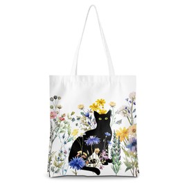 Cute Tote Bag for Women Floral Flowers Cat Gifts Reusable Grocery Bags Aesthetic Beach Bag Shopping Bag for Work Travelling Gym Picnic Christmas Birthday Cat Lover Gifts for Women Bestie Coworker