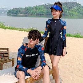 Men's Rash Guard & Women's Swim Skirt Two-Piece Set / Couple's Full-Body UV Protection Diving Suit Men's M 3ea