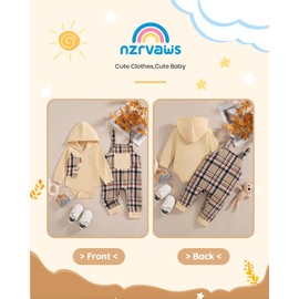 NZRVAWS 6-12 Months Baby Boy Clothes Outfits Long Sleeves Infant Romper Bear Pattern Fall Winter Nude Hoodie Top and Plaid Pocket Overalls 2PCS Pants Set