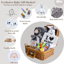AKSHIRE 10PCS Newborn Baby Gifts Set, Baby Shower Gifts for Newborn Baby Girls & Baby Boys, Newborn Essentials Set with Fluffy Blanket,Bibs,Wrist & Socks Rattle for Gender Reveals,Birthdays,Christmas