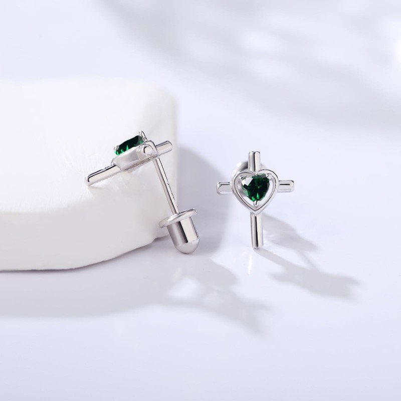 925 Sterling Silver Cross Earrings Screw Back with Heart CZ
