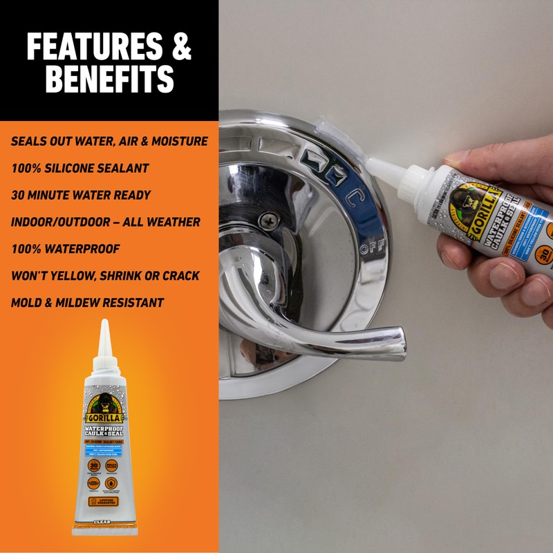Gorilla Waterproof Caulk & Seal Silicone Sealant, 2.8oz Squeeze Tube