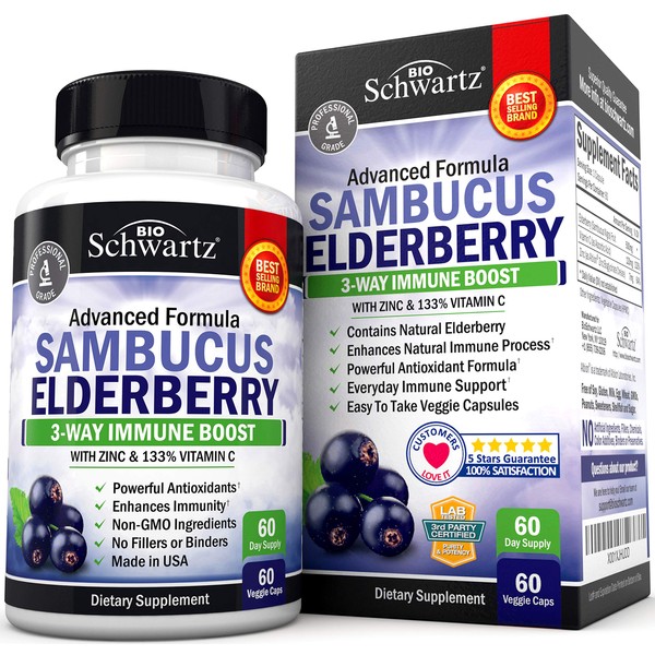 Sambucus Elderberry Capsules with Zinc & Vitamin C (2 Month Supply) - Dr. Approved Women & Men's Daily Herbal Supplement for Immune Support, Skin Health - Powerful Antioxidant - Natural Elderberries