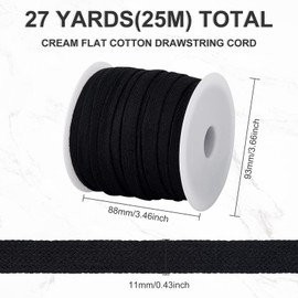 BENECREAT 27 Yards Black Flat Replacement Cotton Cords, Soft Drawstring Draw Cord for Garment Accessories