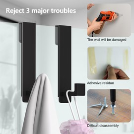 PMMASTO Shower Door Hooks, (7.5 Inch) Extended Over Door Hooks for Bathroom Frameless Glass, Stainless Steel Bath Towel Hooks, Heavy Duty Towel Hanger Rack (Black 2 Pack-L Shape)