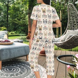 Women's Casual 2 Pcs Pajamas Set, I Love French Bulldog Short Sleeve Loungewear Top and Capri Pants Sleepwear Pjs Set