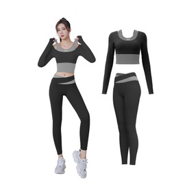 Karsaer A8126 Yoga Wear, Sportswear, Women's, Faux Layered, Long Sleeve, Top and Bottom Set, Stylish, Breathable, Stretchy, Sweat Absorbent, Quick Drying, Training Wear, Cup Included, Yoga Clothes,