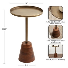 Kate and Laurel Tira Elegant Round Side Table, 14 x 24, Black Agate and Gold, Modern Glam Circular End Table with One-of-a-Kind Natural Stone Tabletop