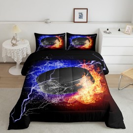 Erosebridal Ice Hockey Bedding Set Twin, Flame Puck Comforter Set for Kids Boys Teens Adult Bedroom, Sports Games Bedding Comforter Sets Ice Hockey Gifts for Teenage Boys, Fire Water Lightning Quilt