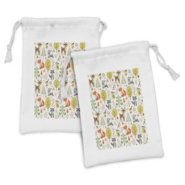 Lunarable Animals Fabric Pouch Set of 2, Woodland Forest Animals Trees Birds Owls Fox Bunny Deer Raccoon Mushroom Print, Small Drawstring Bag for Toiletries Masks and Favors, 9" x 6", Multicolor