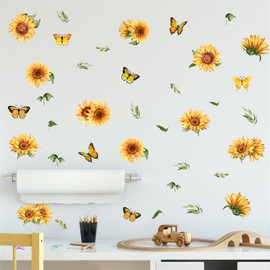 SMAOSTORE Plant Flower Sunflower Butterfly Stylish Flower Stem Green Leaf Living Room Bedroom Room Flower Plant Sticker Background Wall Plant Waterproof Removable Wall Sticker