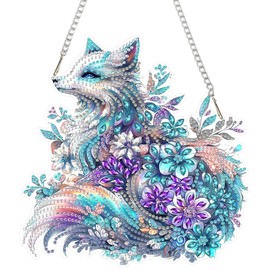 SENQAO Fox Hanging Diamond Art Painting Kits for Adults Beginners, 5D Special Shape Diamond Art Kits, Fox Flower Crystal Rhinestones Diamond Gem Art Painting for Home Garden Wall Decor