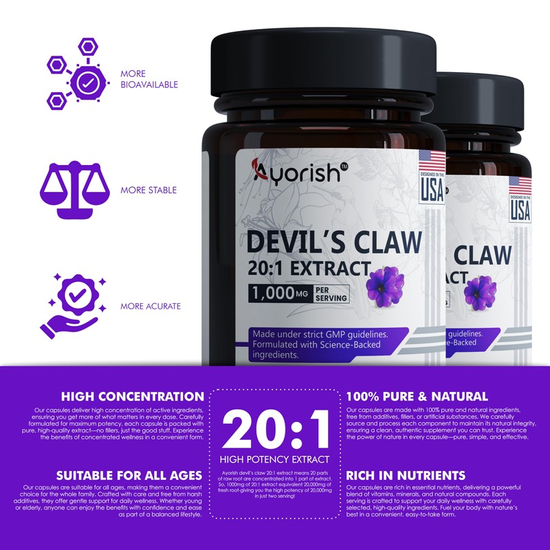 Ayorish Devils Claw 1000mg | 120 Capsules | 20:1 Concentrated