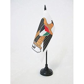 AZ FLAG PALESTINA COAT OF ARMS TABLE FLAG 5'' x 5'' - PALESTINIAN DESK FLAG 15 x 15 cm - Black plastic stick and base