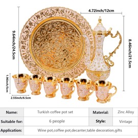 Turkish Coffee Cup and Tea Pot Set Including Teapot,Tea Tray,6 Metal Cups,Tea Service Set for Tea Table Decor,Hip Flask (White and Gold)