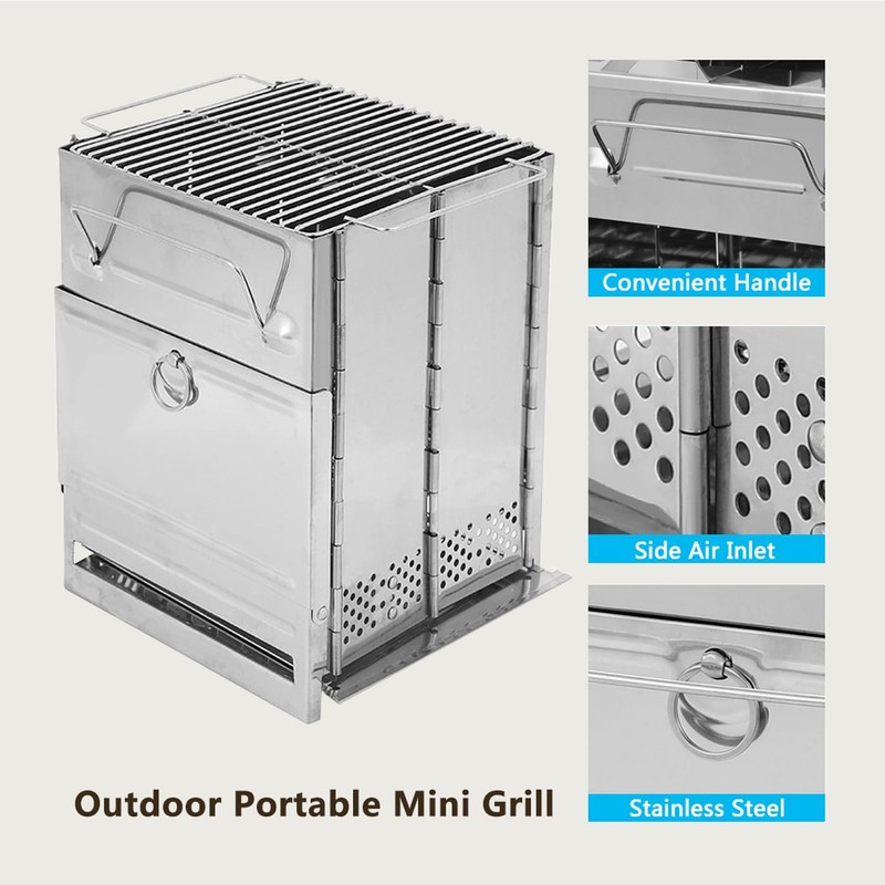 JEMLYD Portable Folding Wood Burning Camping Stove with Grill, Stainless
