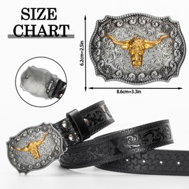 INOGIH Western-Cowboy-Belts for Women Men Vintage Floral-Engraved Bull Head Buckle Cowgirl-Waist-Belt for 25 to 38" Waist, Black, For Waist 33-36 in