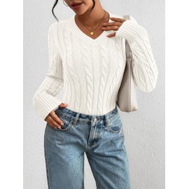 PRETTYGARDEN V Neck Cable Knit Sweaters for Women 2025 Long Sleeve Ribbed Fitted Pullover Tops Business Casual Fall Outfits(White,Medium)