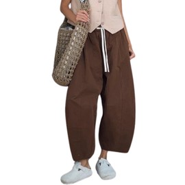Xiaoxuemeng Wide Leg Pants for Women Cotton Casual Barrel Pants High Waisted Palazzo Harem Pants with Pockets(Brown-L)