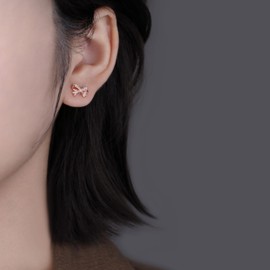 SLUYNZ Solid 925 Sterling Silver Tiny Bow Earrings Stud for Women Teens CZ Bowknot Stud Earrings (C-Rose Gold Plated)