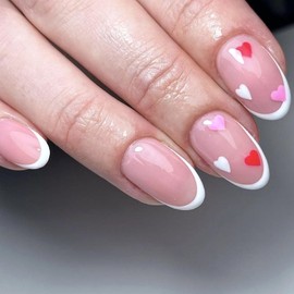 Press on Nails Short Oval White French Tip Fake Nails with Heart Design Glue on Nails Pink Full Cover False Nails Glossy Acrylic Nails Nails Press ons for Girls 24Pcs