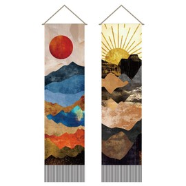 AHANDMAKER 2Pcs Mountain Sun Wall Tapestry, Nature Landscape Long Vertical Tapestry Wall Hanging, Sunrise and Sunset Tassel Wall Tapestry Mystic Aesthetic Tapestry for Bedroom and Living Room(45.7x13 Inch)