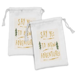 Ambesonne Adventure Cartoon Fabric Pouch Set of 2, Say Yes to New Adventures Message with Dashed Stripes, Small Drawstring Bag for Toiletries Masks and Favors, 9" x 6", Forest Green Pale Coffee