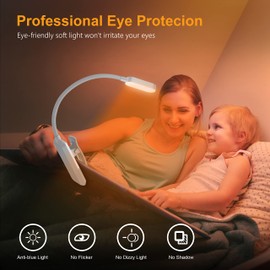 Gritin 16 LED Rechargeable Book Light for Reading in Bed-Eye Caring 3 Color Temperatures, Stepless Dimming Brightness,80Hrs Runtime,Lightweight Flexible Clip On Book Light for Book Lovers-White