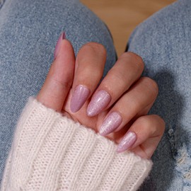 KQueenest Cat Eye Press On Nails mit Kleber - Glitzer Lila Nägel zum Aufkleben Mandel, Sparkle Bling Fake Nails Set, Künstliche Fingernägel Mittel, Luxus Acryl Nägel für Frauen, 30 Stück