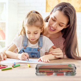 Double Deck Pencils Box Clear Plastic Stationery Box with 4 Removable Ruler Dividing Spacers Multi-Grid Home Utility Box with 6 Compartments for Pencils Erasers Clips (Clear Black, 21cm*8cm)