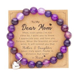 Nexoluxa Gifts for Mom Birthday Daughter Son Moonstone Bracelet Women Mother's Day Natural Stone Healing Bracelets Mom's Adjustable Stretch Jewelry with Quote Card, Purple Dear Mom