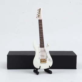 Dselvgvu Wooden Miniature Electric Guitar with Stand and Case Mini Musical Instrument Miniature Dollhouse Model Birthday Present (Electric Guitar:White, 5.49"x1.76"x0.48")