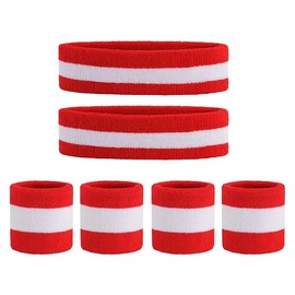 UUYYEO 6 Pieces Sweatbands Set Sports Headband and Wristband Set Breathable Terry Cloth Athletic Bands Wrist Head Sweat Bands for Men Women Red White