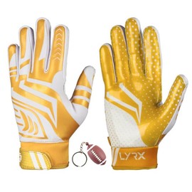 LYRX Professional Football Receiver Gloves with Optimal Silicone Palm Non-Slip Grip Control Ultra-Stick Sports Lightweight Glove and Precision Fit (White-Gold Shine, Youth XS (5.5"))