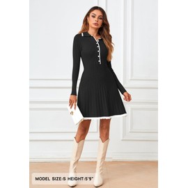 MEROKEETY Women's Long Sleeve V Neck Sweater Dress 2025 Fall Button Knit Pleated Mini Work Dresses, Black, X-Large