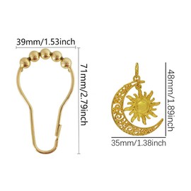 Celestial Shower Curtain Hooks 12 Pcs, Decorative Gold Sun Moon Shower Hooks - Rust Proof Metal Witchy Hanger Bohemian Celestial Bathroom Tub Decor (Gold)