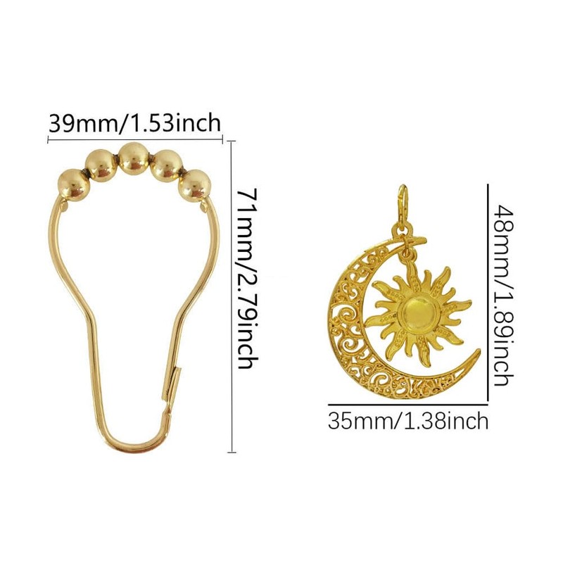 Celestial Shower Curtain Hooks 12 Pcs, Decorative Gold Sun Moon