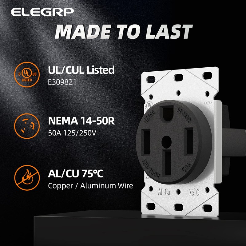 ELEGRP 50 Amps 125/250V Range Oven Stove Receptacle, Flush Mounting