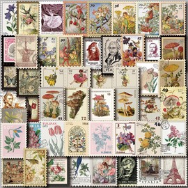 100 Pcs Vintage Postage Stamp Stickers, Adhesive Retro Art Crafts for Scrapbooking, DIY Aesthetic Decor Paper Floral Decals for Bullet Journaling Collage Album