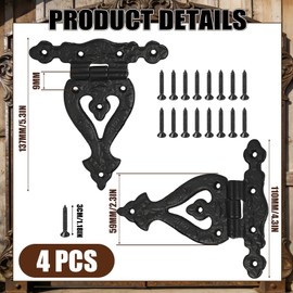 Otoolling 4 Pack Antique Cast Iron Vintage Heavy Duty T Hinges 5.3'' Black Powder Coated Wrought Iron Flush Mount Hinge with Hardware for Barn Door Cabinet Wardrobe Shed Window Wooden Box Chest