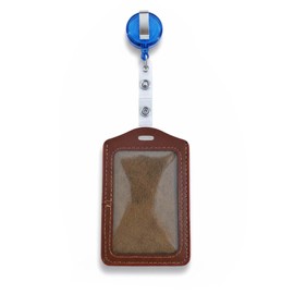 ID Card Holder Vertical PU Leather Badge Holder with Retractable Lanyard for Office School Men and Women (Brown)