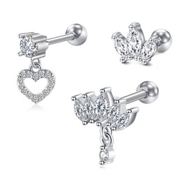 FECTAS 16G Cartilage Tragus Stud Earrings For Women Men CZ Heart Helix Conch Ear Piercing Jewelelry Silver 3pcs