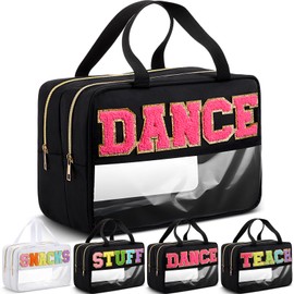 Pinkunn Clear Chenille Letter Bag Makeup Preppy Patches Cosmetic Bag Zipper Pouch for Travel Waterproof Nylon Toiletry Makeup supplies for Women Girls (Black,Dance)